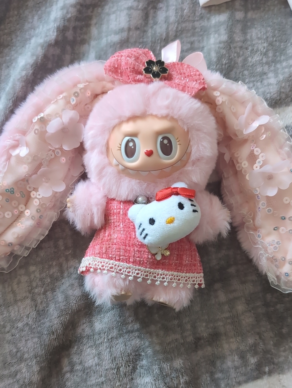 Pink Plush Bunny Labubu Doll with Designer Dress And Hello Kitty Pin 17cm